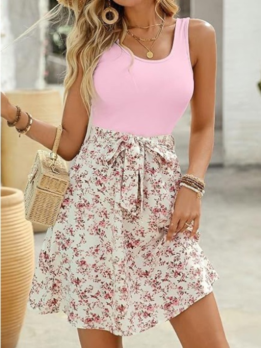 Women’s Pink Floral Sleeveless Fit & Flare Dress Size Large Cottagecore